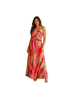 Xscape Pleated Halter Maxi Dress Multicolor Watercolor Size 14 NWT